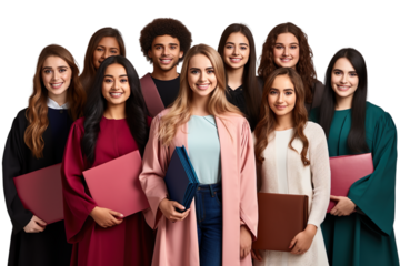 Half shot, Large smiling group of young college students men and women holding files isolated on transparent background. Generative Ai