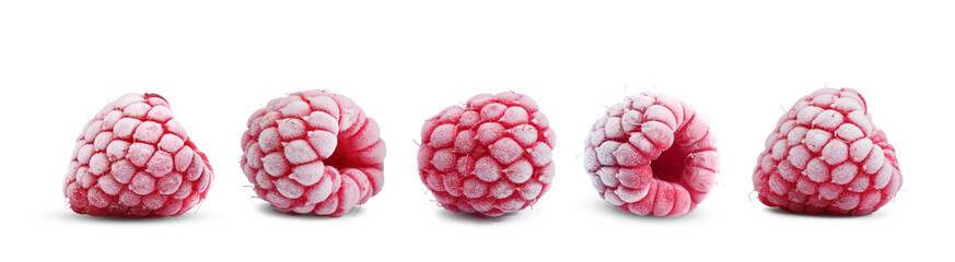 Set of frozen raspberries isolated on white background