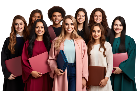 Half shot, Large smiling group of young college students men and women holding files isolated on transparent background. Generative Ai