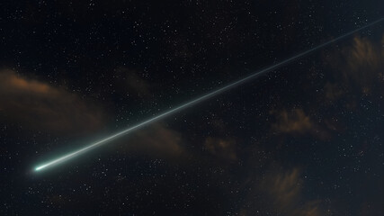 Meteor lights up sky. Shooting star, glowing fireball. Meteorite in the upper atmosphere.