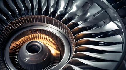 Abstract shot of an airplane's jet engine, focusing on the intricate details and textures