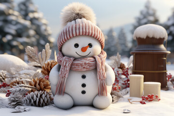 snowman sitting on natural background, ai generated.