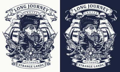 Old sea wolf pirate and ships. Symbol of ocean adventure, treasure island. Marine adventure color t-shirt design. Crime sailor man portrait. Tattoo style. Cartoon character