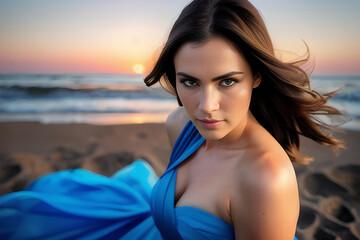 Naklejka premium Close-up portrait of a young model with long hair in a blue dress on the beach at sunset