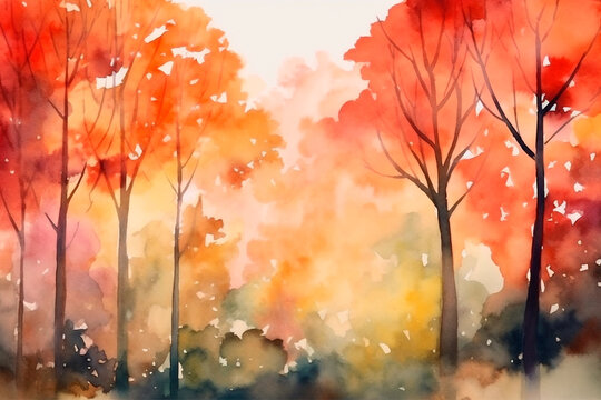 Generative AI illustration of a watercolor autumn forest painting background