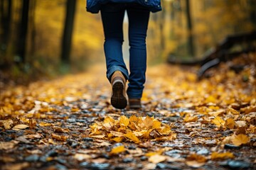 Anonymous man walking down a leaf covered path created with Generative AI technology