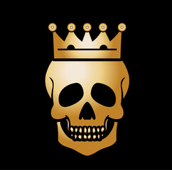 Golden skull with crown dead king stock vector illustration, Golden smiling Skull and crown, skull wearing a crown logo template, symbol, icon, clip art stock vector image