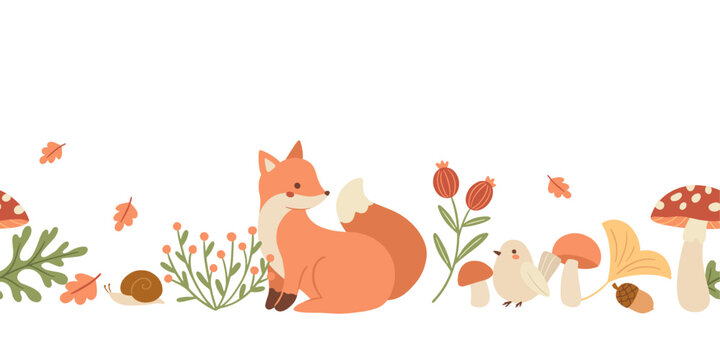 Vector seamless horizontal border with forest fox, bird, mushrooms and leaves