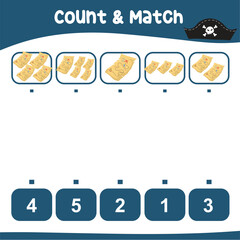 Count and match together the pirate treasure map. with the number. Counting game pirates theme and match with numbers. Educational printable math worksheet. Math game for children. Vector file.