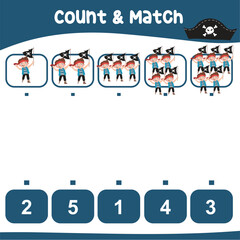 Count and match together the cute pirate boy waving a skull flag with the number. Counting game pirates theme and match with numbers. Educational printable math worksheet. Math game for children.