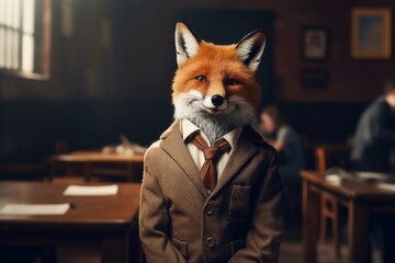 Fototapeta premium a fox in business clothes poses in a classroom against the background of school desks and students
