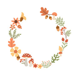 Vector round frame with autumn leaves and mushrooms
