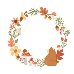 Obraz premium Vector round frame with autumn leaves and forest animals