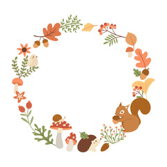 Vector wreath with autumn leaves and forest animals