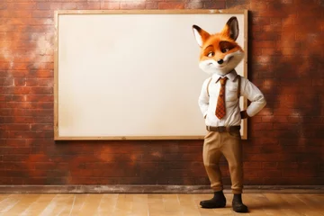 Fotobehang fox man dressed in stoo signature style textured backgrounds cartoon illustration of a fox with a blank board © vasyan_23
