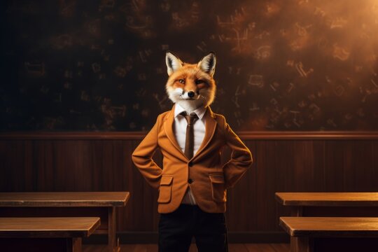 a fox in a suit in the middle of the classroom near the desks in the style of a school portrait