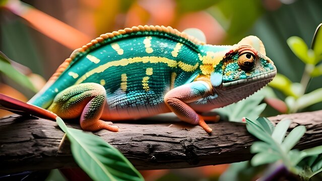 Close-up of a Panther Chameleon with colorful skin tones. Iguana lizard with beautiful color on a tree trunk