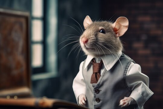 pictures of mouse with a tie and vest sitting near some old books
