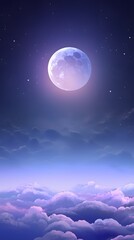 Purple and blue gradient night mystical moonlight moon with fluffy magical clouds phone hd background wallpaper, ai generated