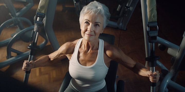 Older Senior Grandma Working Out At Gym With Weights On Machine. Concept Of Active Aging, Senior Fitness, Gym Workout, Strength Training, Weightlifting, Healthy Lifestyle, Exercise Equipment, Fitness.