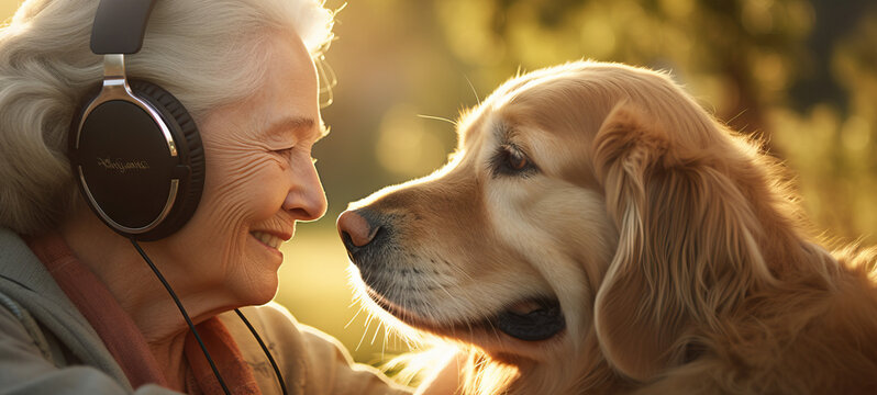 Grandmother older senior woman with golden retriever dog at the park. Concept of Pet companionship, outdoor relaxation, park outing, golden retriever's company, senior's happiness, bonding with a dog.