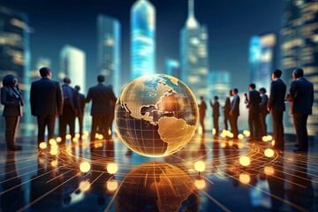 A diverse group of people gathered around a globe, symbolizing global unity and collaboration created with Generative AI technology