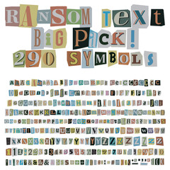 Criminal ransom letters, numbers and punctuation marks faded retro color. Full character set cut-outs from newspaper or magazine. Compose your own anonymous letters, blackmail. Big collection. Vector