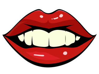 Retro smiling red female lips vector illustration, Retro style female lips smiling showing teeth stock vector image
