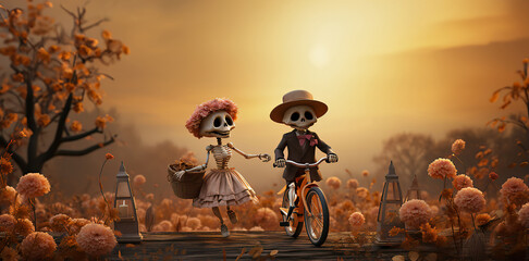 Eternal Love: Smiling Skeleton Couple on a Floral Bridge
