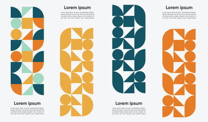 Bauhaus geometric shape, pattern background, vector abstract circle, triangle and square lines art. orange, deep green yellow and light greencolor, trendy geometric pattern backgrounds set