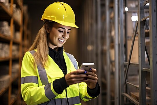 A woman in a yellow safety jacket using a cell phone created with Generative AI technology