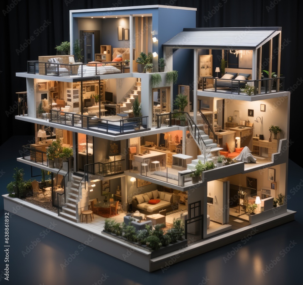 Poster a model of a house on a table. digital image.
