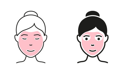 Girl in Beauty Cosmetic Face Mask Line and Silhouette Icon Set. Woman with Facial Sparkle Mask Pictogram. Skin Care Routine, Hygiene and Moisturizing Symbol Collection. Isolated Vector Illustration