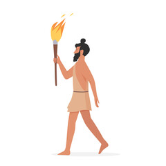 Stone age man with fire. Primitive people and old lifestyle, ancient men vector illustration