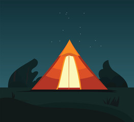 Orange tent lit up on a camping site at night vector illustration, Camping at night, camping or picnic tent with lights at night stock vector image