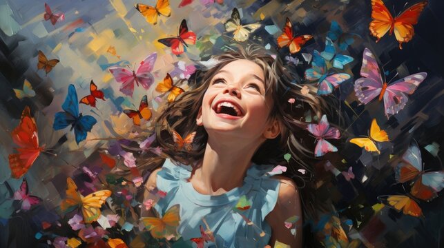 Child with fantasy flowers field garden and colorful butterflies background. Generative AI