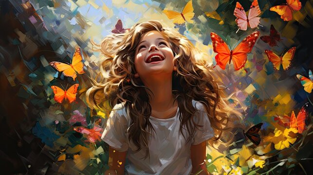 Child with fantasy flowers field garden and colorful butterflies background. Generative AI