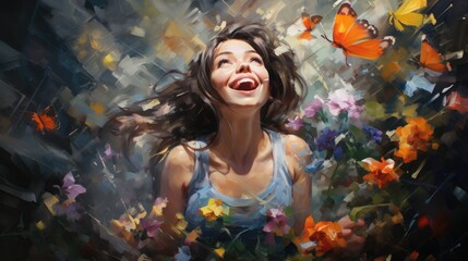 Child with fantasy flowers field garden and colorful butterflies background. Generative AI