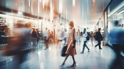 Blurred background featuring a modern shopping mall with various shoppers. Fashionable women are observing a showcase, captured with motion blur. Shoppers carrying shopping bags. Generative AI - obrazy, fototapety, plakaty