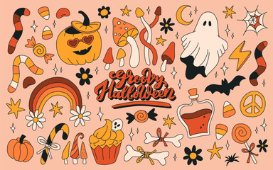 Retro 70s 60s Hippie Groovy Halloween set. Funny spooky ghost pumpkin flower hippy emotional elements print collection. Vector contour hand drawn illustration.