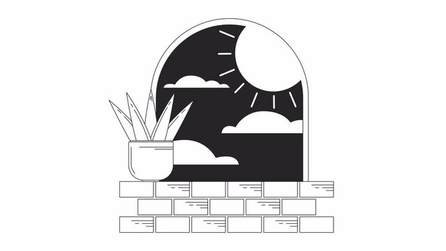 Surreal arch with plant on windowsill bw outline 2D animation. Spinning sun nighttime 4K video motion graphic. Surrealismus clouds monochrome linear animated cartoon flat concept, white background