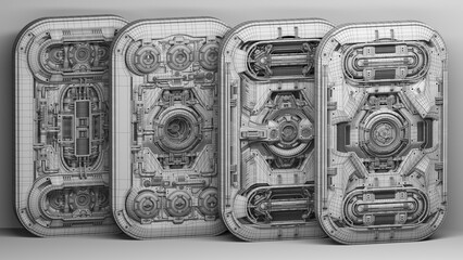 Set of detailed cyber mechanisms or robotic engine props and futuristic energy cells. Complex machine boards and generators. Abstract technology isolated on grey background. 3d rendering in wireframe