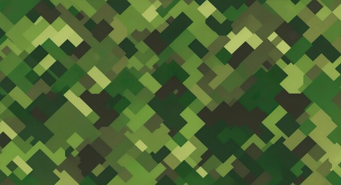 Digital forest camouflage. Diagonal square jungle camo in green color tones. Generative AI.