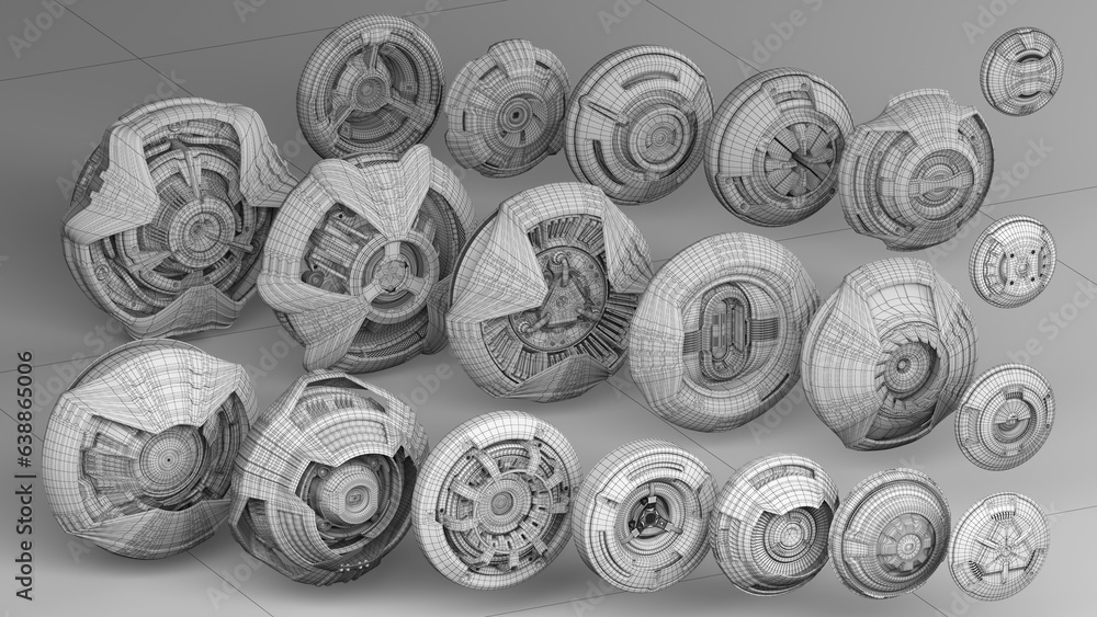 Poster set of detailed cyber mechanisms or robotic engine props and futuristic energy cells. complex machin