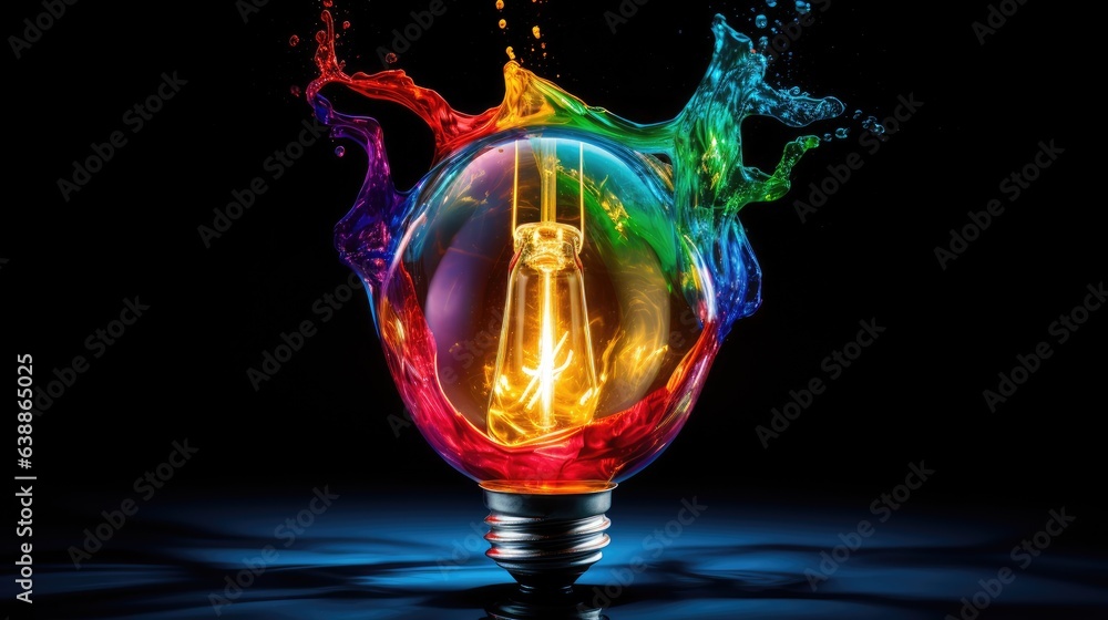 Sticker lightbulb idea concept with colorful liquidof splashing unique creative idea on black background, ge
