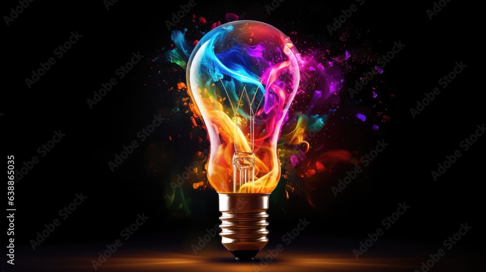 Poster lightbulb idea concept with colorful liquidof splashing unique creative idea on black background, ge