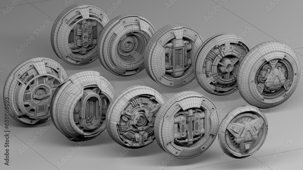 Poster set of detailed cyber mechanisms or robotic engine props and futuristic energy cells. complex machin