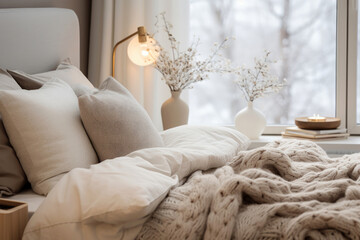 Modern style bedroom interior warm and cozy with wooden decoration, Cozy beige tone stylish, furniture, comfortable bed, Minimal decor design background, with Generative Ai.