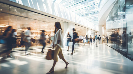 Blurred background featuring a modern shopping mall with various shoppers. Fashionable women are observing a showcase, captured with motion blur. Shoppers carrying shopping bags. Generative AI