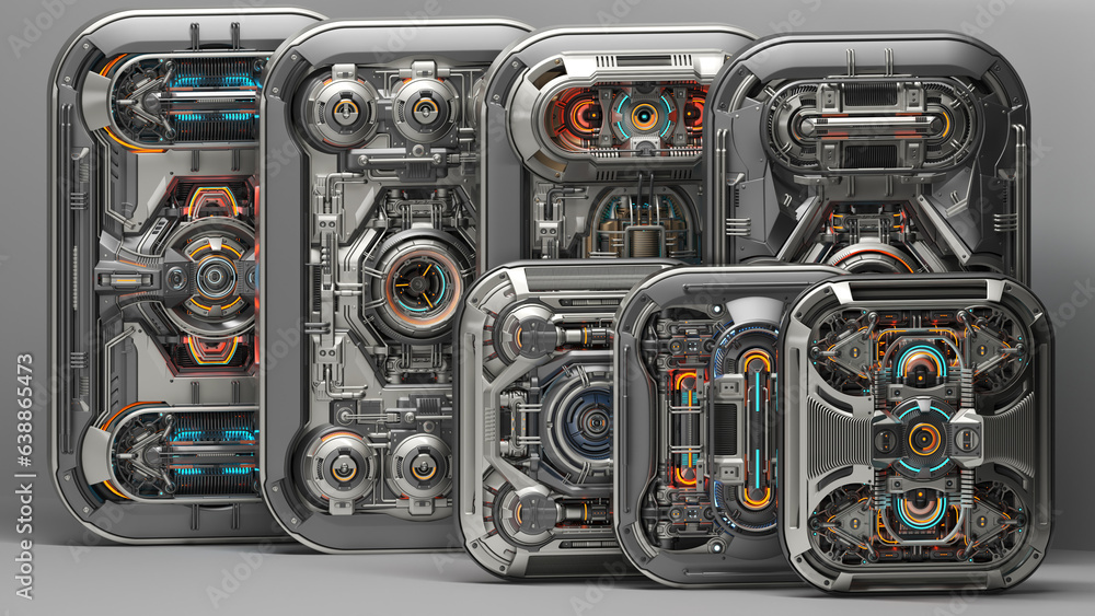 Poster set of detailed cyber mechanisms or robotic engine props and futuristic energy cells. complex machin